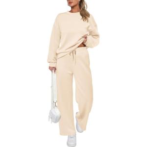 imagePRETTYGARDEN Womens 2 Piece Outfits 2025 Fall Long Sleeve Sweatshirt Wide Leg Pants Lounge Sets Winter Sweatsuits TracksuitBeige