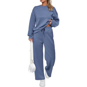 imagePRETTYGARDEN Womens 2 Piece Outfits 2025 Fall Long Sleeve Sweatshirt Wide Leg Pants Lounge Sets Winter Sweatsuits TracksuitGrey Blue