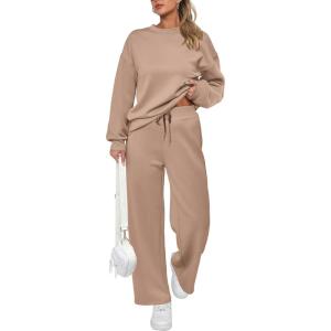 imagePRETTYGARDEN Womens 2 Piece Outfits 2025 Fall Long Sleeve Sweatshirt Wide Leg Pants Lounge Sets Winter Sweatsuits TracksuitKhaki