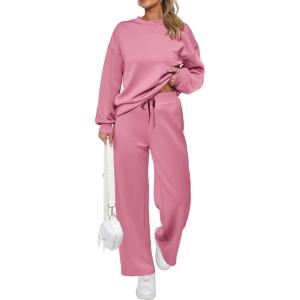 imagePRETTYGARDEN Womens 2 Piece Outfits 2025 Fall Long Sleeve Sweatshirt Wide Leg Pants Lounge Sets Winter Sweatsuits TracksuitPink