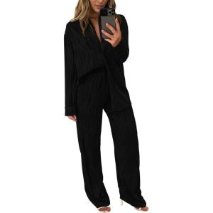 imagePRETTYGARDEN Womens 2 Piece Sets 2025 Fall Casual Textured Button Down Shirt Wide Leg Pants Outfits Loungewear TracksuitBlack