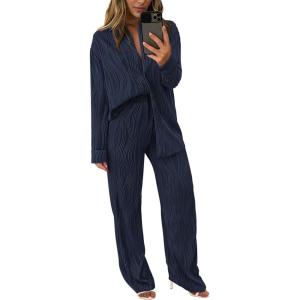 imagePRETTYGARDEN Womens 2 Piece Sets 2025 Fall Casual Textured Button Down Shirt Wide Leg Pants Outfits Loungewear TracksuitDark Blue