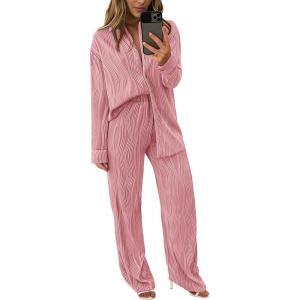 imagePRETTYGARDEN Womens 2 Piece Sets 2025 Fall Casual Textured Button Down Shirt Wide Leg Pants Outfits Loungewear TracksuitDusty Pink