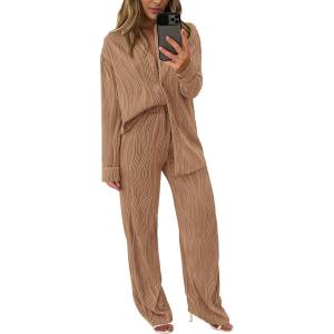 imagePRETTYGARDEN Womens 2 Piece Sets 2025 Fall Casual Textured Button Down Shirt Wide Leg Pants Outfits Loungewear TracksuitKhaki