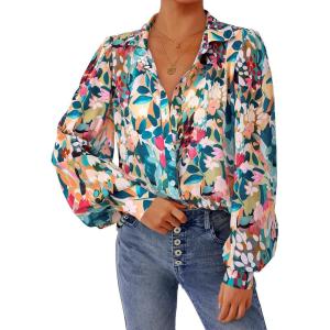 imagePRETTYGARDEN Womens Floral Blouses Dressy Casual V Neck Button Down Shirts Lantern Long Sleeve Boho Chiffon Fall Tops 2025Floral Blue Green