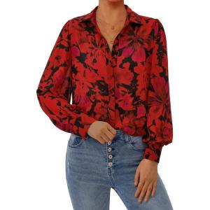 imagePRETTYGARDEN Womens Floral Blouses Dressy Casual V Neck Button Down Shirts Lantern Long Sleeve Boho Chiffon Fall Tops 2025Floral Red