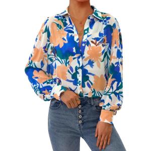 imagePRETTYGARDEN Womens Floral Blouses Dressy Casual V Neck Button Down Shirts Lantern Long Sleeve Boho Chiffon Fall Tops 2025Floral White Blue