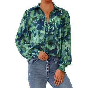 imagePRETTYGARDEN Womens Floral Blouses Dressy Casual V Neck Button Down Shirts Lantern Long Sleeve Boho Chiffon Fall Tops 2025Green