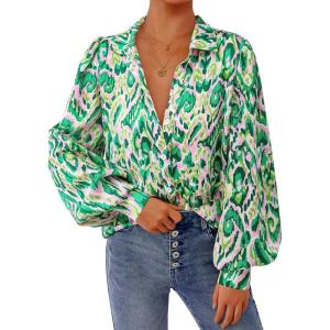 imagePRETTYGARDEN Womens Floral Blouses Dressy Casual V Neck Button Down Shirts Lantern Long Sleeve Boho Chiffon Fall Tops 2025Green Floral