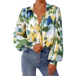 imagePRETTYGARDEN Womens Floral Blouses Dressy Casual V Neck Button Down Shirts Lantern Long Sleeve Boho Chiffon Fall Tops 2025Laurel Green