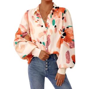 imagePRETTYGARDEN Womens Floral Blouses Dressy Casual V Neck Button Down Shirts Lantern Long Sleeve Boho Chiffon Fall Tops 2025Orange Watercolour