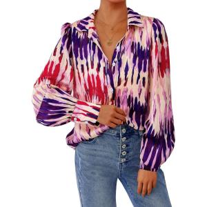 imagePRETTYGARDEN Womens Floral Blouses Dressy Casual V Neck Button Down Shirts Lantern Long Sleeve Boho Chiffon Fall Tops 2025Purple Red Floral