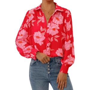 imagePRETTYGARDEN Womens Floral Blouses Dressy Casual V Neck Button Down Shirts Lantern Long Sleeve Boho Chiffon Fall Tops 2025Red