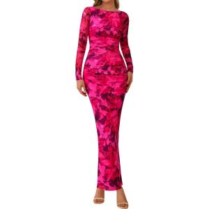 imagePRETTYGARDEN Womens Long Sleeve Bodycon Dresses 2025 Fall Sexy Floral Mesh Slit Ruched Tight Maxi Wedding Guest DressBlack Rose Red Big Flower