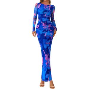 imagePRETTYGARDEN Womens Long Sleeve Bodycon Dresses 2025 Fall Sexy Floral Mesh Slit Ruched Tight Maxi Wedding Guest DressBlue Pink Flower