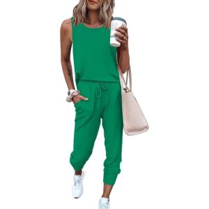 imagePRETTYGARDEN Womens Two Piece Outfit Sets Summer Casual Sleeveless Crewneck Tops Matching Travel Tracksuit Lounge WearGreen