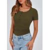 imagePRETTYGARDEN Womens 2025 Fall Summer Short Sleeve Tops Ribbed Henley Button Slim Fit Basic Casual T Shirts Blouse ClothingArmy Green