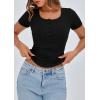 imagePRETTYGARDEN Womens 2025 Fall Summer Short Sleeve Tops Ribbed Henley Button Slim Fit Basic Casual T Shirts Blouse ClothingBlack