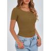 imagePRETTYGARDEN Womens 2025 Fall Summer Short Sleeve Tops Ribbed Henley Button Slim Fit Basic Casual T Shirts Blouse ClothingBrown Camel