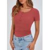 imagePRETTYGARDEN Womens 2025 Fall Summer Short Sleeve Tops Ribbed Henley Button Slim Fit Basic Casual T Shirts Blouse ClothingCoral Red