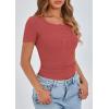 imagePRETTYGARDEN Womens 2025 Fall Summer Short Sleeve Tops Ribbed Henley Button Slim Fit Basic Casual T Shirts Blouse ClothingCoral Red