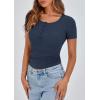 imagePRETTYGARDEN Womens 2025 Fall Summer Short Sleeve Tops Ribbed Henley Button Slim Fit Basic Casual T Shirts Blouse ClothingDark Blue