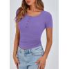 imagePRETTYGARDEN Womens 2025 Fall Summer Short Sleeve Tops Ribbed Henley Button Slim Fit Basic Casual T Shirts Blouse ClothingGrey Purple