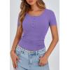 imagePRETTYGARDEN Womens 2025 Fall Summer Short Sleeve Tops Ribbed Henley Button Slim Fit Basic Casual T Shirts Blouse ClothingGrey Purple