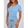 imagePRETTYGARDEN Womens 2025 Fall Summer Short Sleeve Tops Ribbed Henley Button Slim Fit Basic Casual T Shirts Blouse ClothingLight Blue