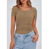 imagePRETTYGARDEN Womens 2025 Fall Summer Short Sleeve Tops Ribbed Henley Button Slim Fit Basic Casual T Shirts Blouse ClothingLight Khaki
