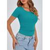 imagePRETTYGARDEN Womens 2025 Fall Summer Short Sleeve Tops Ribbed Henley Button Slim Fit Basic Casual T Shirts Blouse ClothingMalachite Green