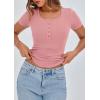 imagePRETTYGARDEN Womens 2025 Fall Summer Short Sleeve Tops Ribbed Henley Button Slim Fit Basic Casual T Shirts Blouse ClothingPink