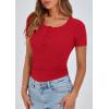 imagePRETTYGARDEN Womens 2025 Fall Summer Short Sleeve Tops Ribbed Henley Button Slim Fit Basic Casual T Shirts Blouse ClothingRed