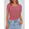 imagePRETTYGARDEN Womens 2025 Fall Summer Short Sleeve Tops Ribbed Henley Button Slim Fit Basic Casual T Shirts Blouse ClothingRose Pink