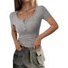 imagePRETTYGARDEN Womens 2025 Fall Summer Short Sleeve Tops Ribbed Henley Button Slim Fit Basic Casual T Shirts Blouse ClothingGrey