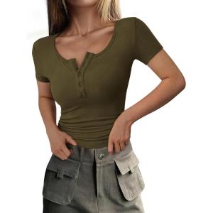 imagePRETTYGARDEN Womens 2025 Fall Summer Short Sleeve Tops Ribbed Henley Button Slim Fit Basic Casual T Shirts Blouse ClothingArmy Green