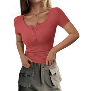 imagePRETTYGARDEN Womens 2025 Fall Summer Short Sleeve Tops Ribbed Henley Button Slim Fit Basic Casual T Shirts Blouse ClothingCoral Red