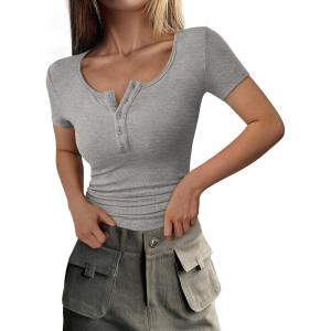 imagePRETTYGARDEN Womens 2025 Fall Summer Short Sleeve Tops Ribbed Henley Button Slim Fit Basic Casual T Shirts Blouse ClothingGrey