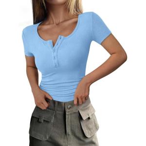 imagePRETTYGARDEN Womens 2025 Fall Summer Short Sleeve Tops Ribbed Henley Button Slim Fit Basic Casual T Shirts Blouse ClothingLight Blue