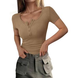 imagePRETTYGARDEN Womens 2025 Fall Summer Short Sleeve Tops Ribbed Henley Button Slim Fit Basic Casual T Shirts Blouse ClothingLight Khaki