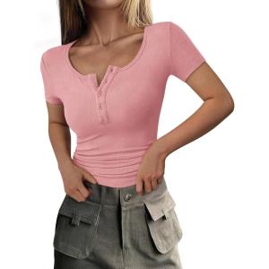 imagePRETTYGARDEN Womens 2025 Fall Summer Short Sleeve Tops Ribbed Henley Button Slim Fit Basic Casual T Shirts Blouse ClothingPink