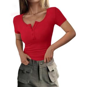imagePRETTYGARDEN Womens 2025 Fall Summer Short Sleeve Tops Ribbed Henley Button Slim Fit Basic Casual T Shirts Blouse ClothingRed