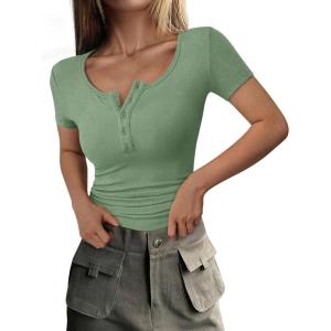 imagePRETTYGARDEN Womens 2025 Fall Summer Short Sleeve Tops Ribbed Henley Button Slim Fit Basic Casual T Shirts Blouse ClothingSage Green
