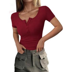 imagePRETTYGARDEN Womens 2025 Fall Summer Short Sleeve Tops Ribbed Henley Button Slim Fit Basic Casual T Shirts Blouse ClothingWine Red