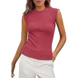 imagePRETTYGARDEN Womens Ribbed Tank Tops 2025 Summer Cap Sleeve Slim Fitted Knit Basic Casual Tee Shirts Trendy Fashion ClothesWatermelon Red