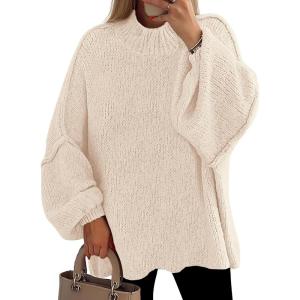 imagePRETTYGARDEN Womens 2025 Fall Oversized Sweaters Chunky Knit Mock Neck Long Sleeve Casual Trendy Pullover Winter ClothesBeige