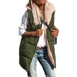 imagePRETTYGARDEN Womens 2025 Fall Reversible Long Vests Sleeveless Fleece Jacket Zip Up Hoodie Pockets Warm Coat Winter ClothingArmy Green