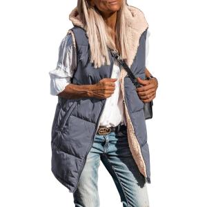 imagePRETTYGARDEN Womens 2025 Fall Reversible Long Vests Sleeveless Fleece Jacket Zip Up Hoodie Pockets Warm Coat Winter ClothingGrey Blue