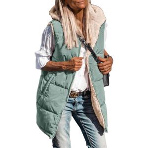 imagePRETTYGARDEN Womens 2025 Fall Reversible Long Vests Sleeveless Fleece Jacket Zip Up Hoodie Pockets Warm Coat Winter ClothingGrey Green