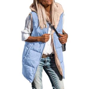 imagePRETTYGARDEN Womens 2025 Fall Reversible Long Vests Sleeveless Fleece Jacket Zip Up Hoodie Pockets Warm Coat Winter ClothingLight Blue
